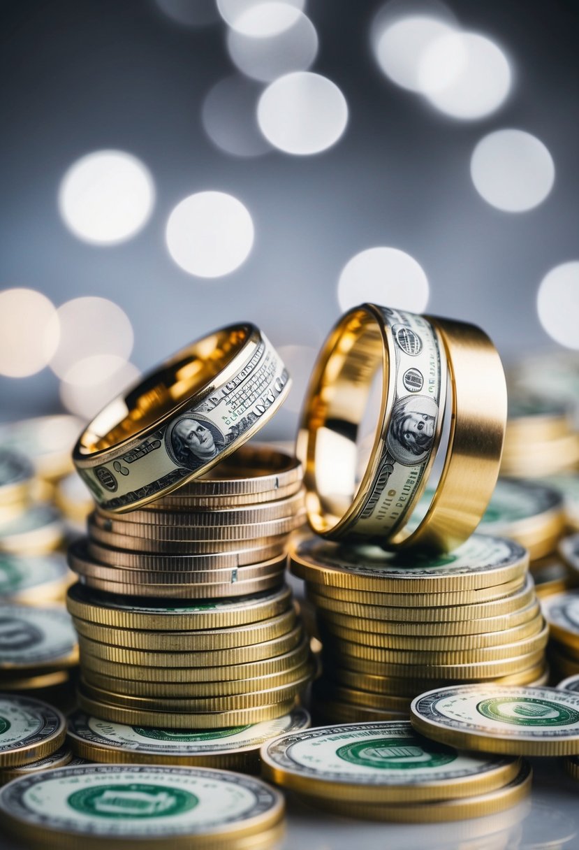 Two wedding bands surrounded by stacks of money representing reserved funds for tips