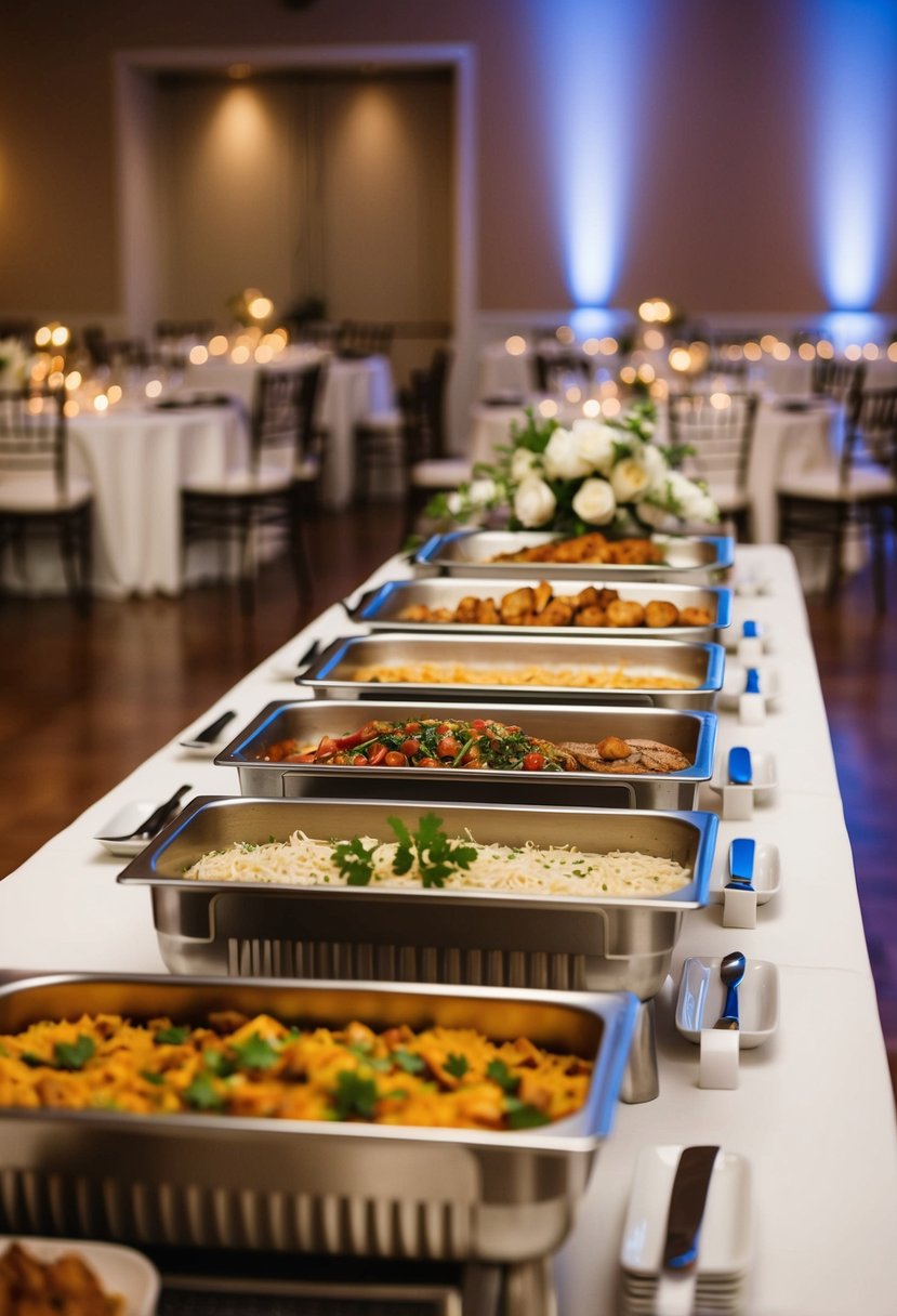 A wedding reception with neatly arranged food stations featuring various cuisines and decor