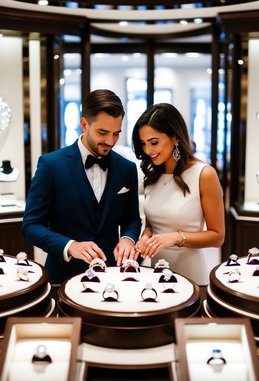 A couple browsing through a selection of wedding rings at a well-known jewelry store, surrounded by elegant displays and sparkling gemstones