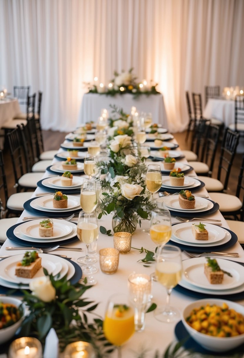 A beautifully set table with a variety of food and drink options, surrounded by elegant decor and soft lighting, ready for a wedding tasting session