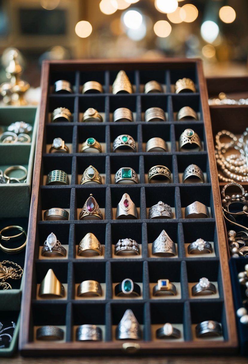 A cluttered antique shop display, showcasing a variety of vintage rings in different styles and sizes