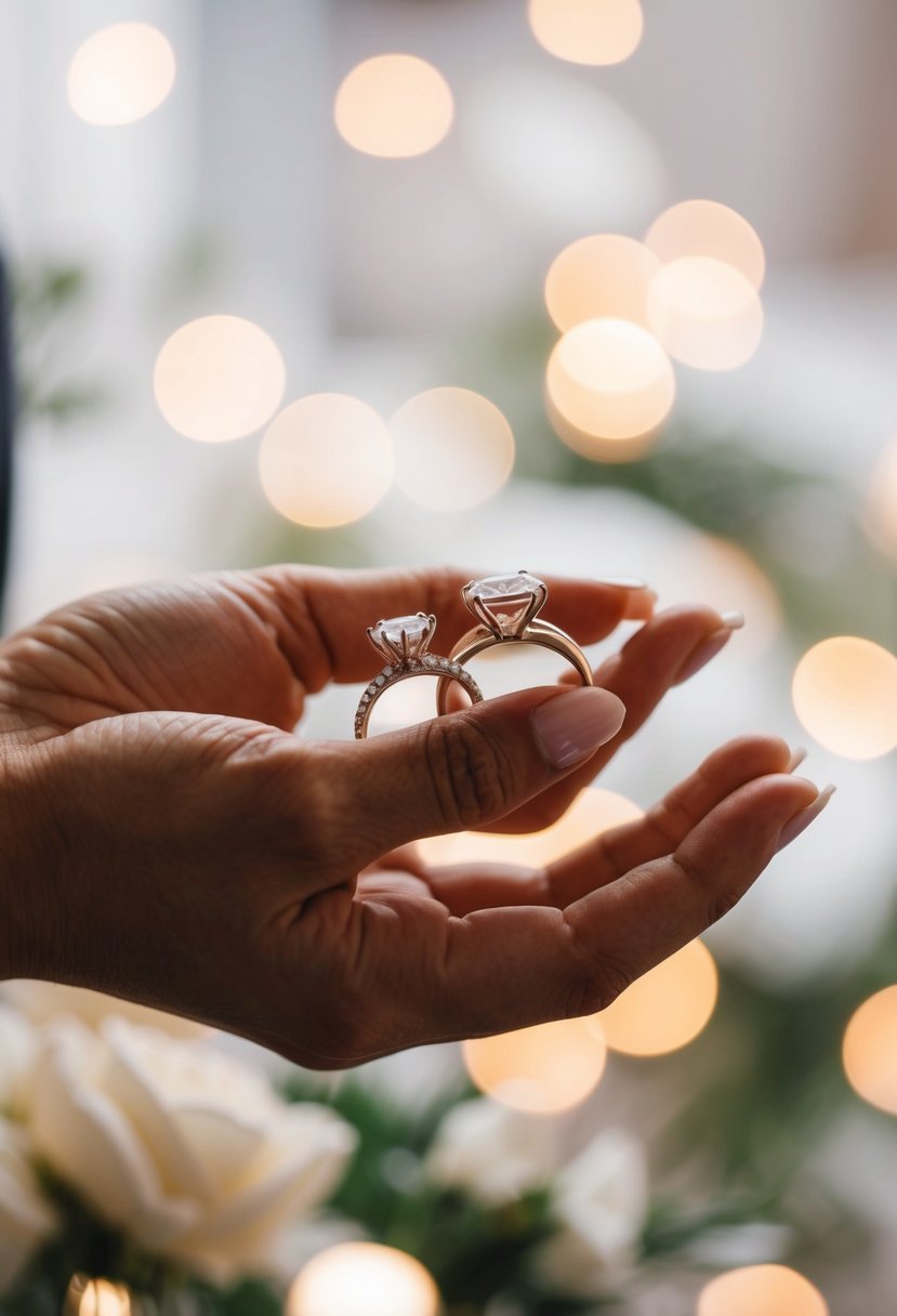 A hand reaching for a variety of wedding rings, trying them on and adjusting for comfort