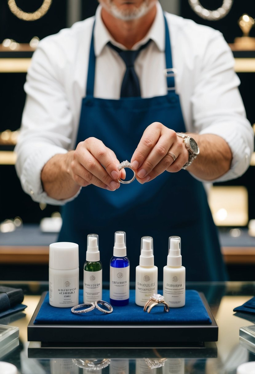 A jeweler presenting a variety of ring cleaning and maintenance products on a display table