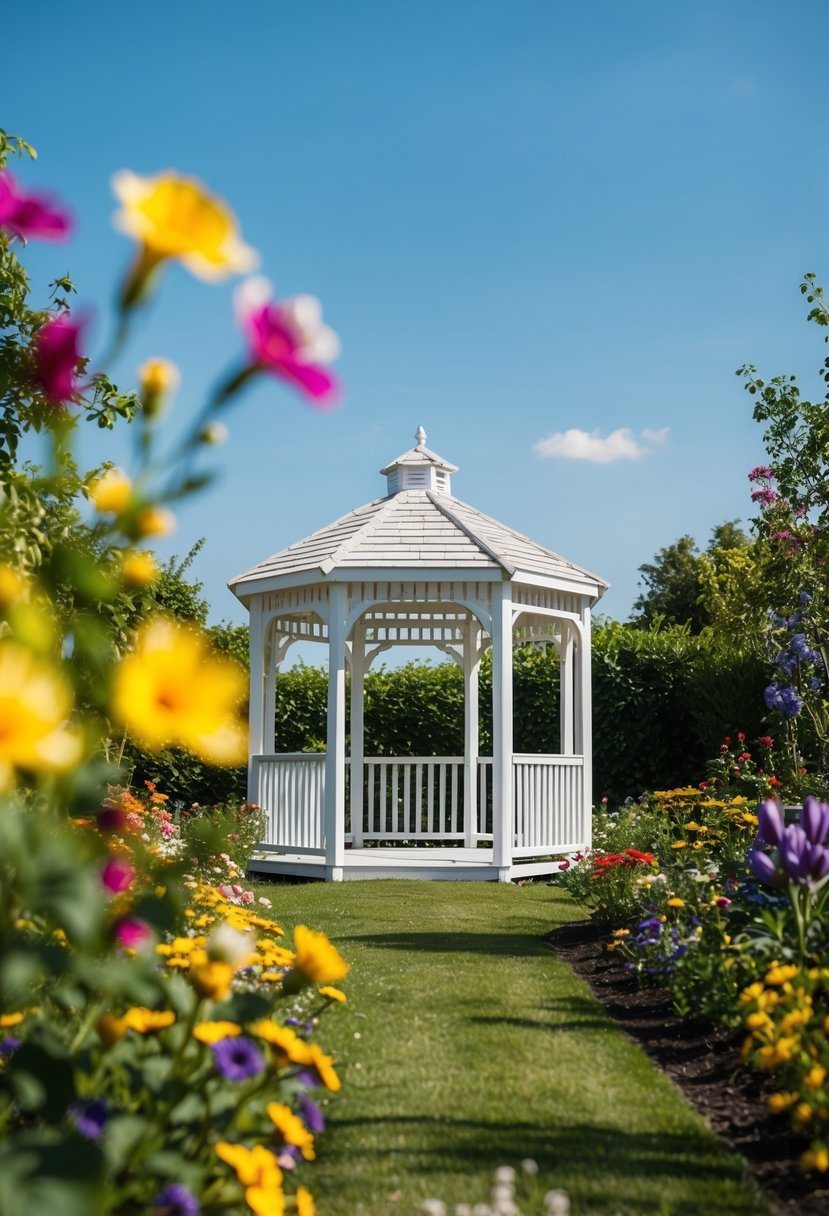 A blooming garden with a white gazebo, surrounded by colorful flowers and greenery, under a clear blue sky