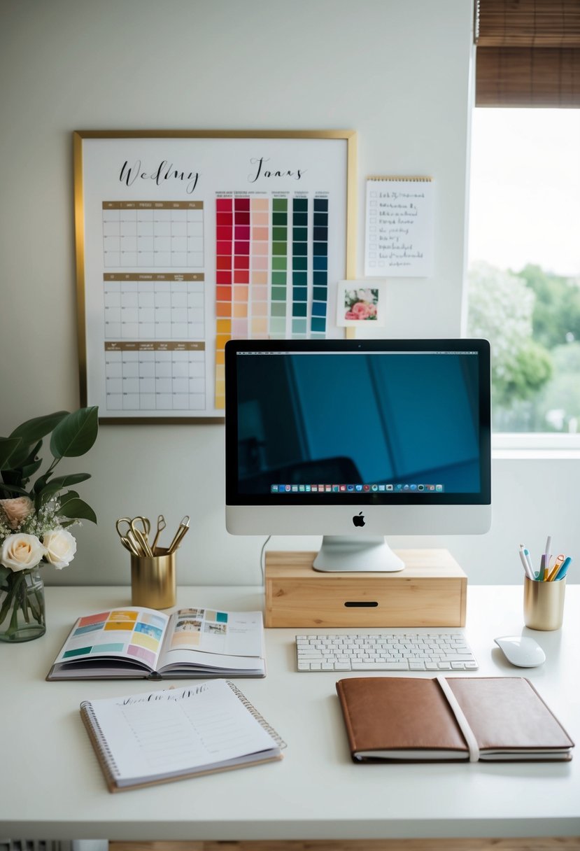 A desk with a computer, calendar, and wedding magazines. A mood board with color swatches and fabric samples. A notebook with notes and checklists