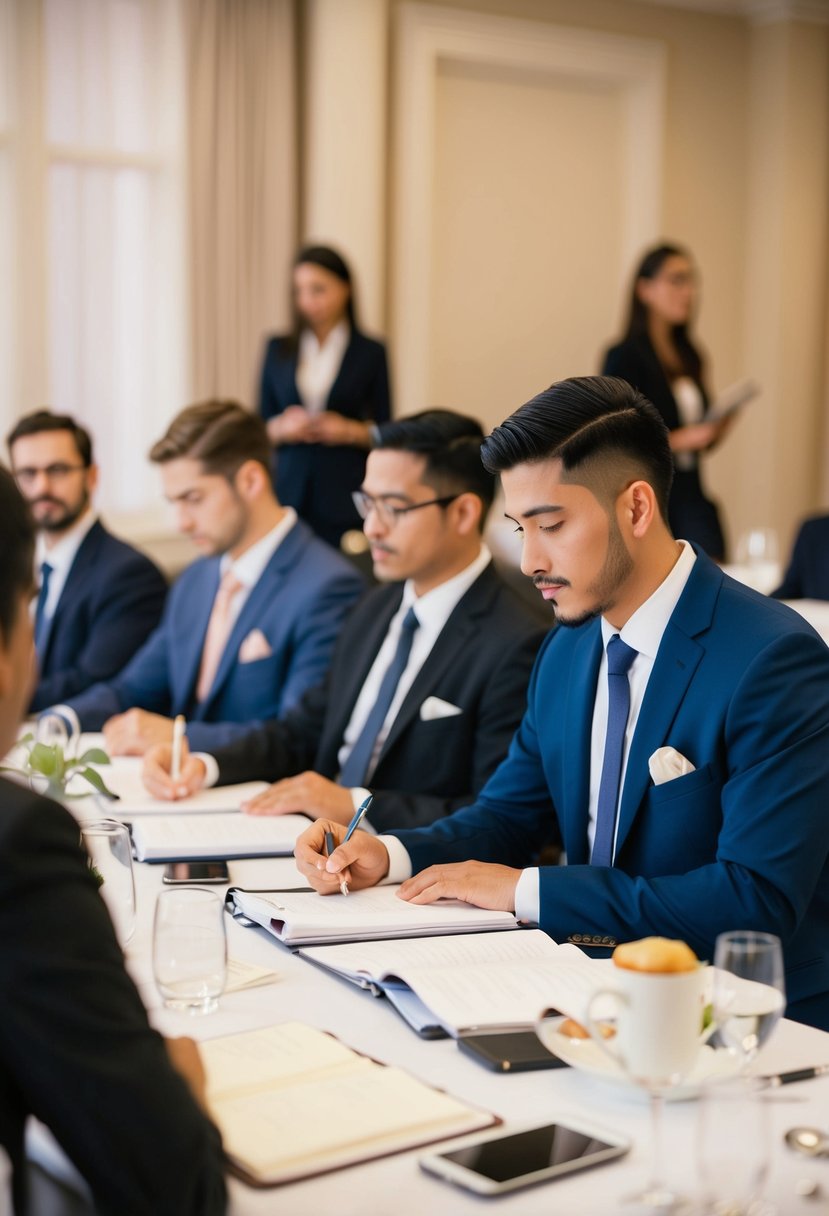 A person attending a formal event management or hospitality class, taking notes and listening to the instructor's tips on becoming a wedding planner