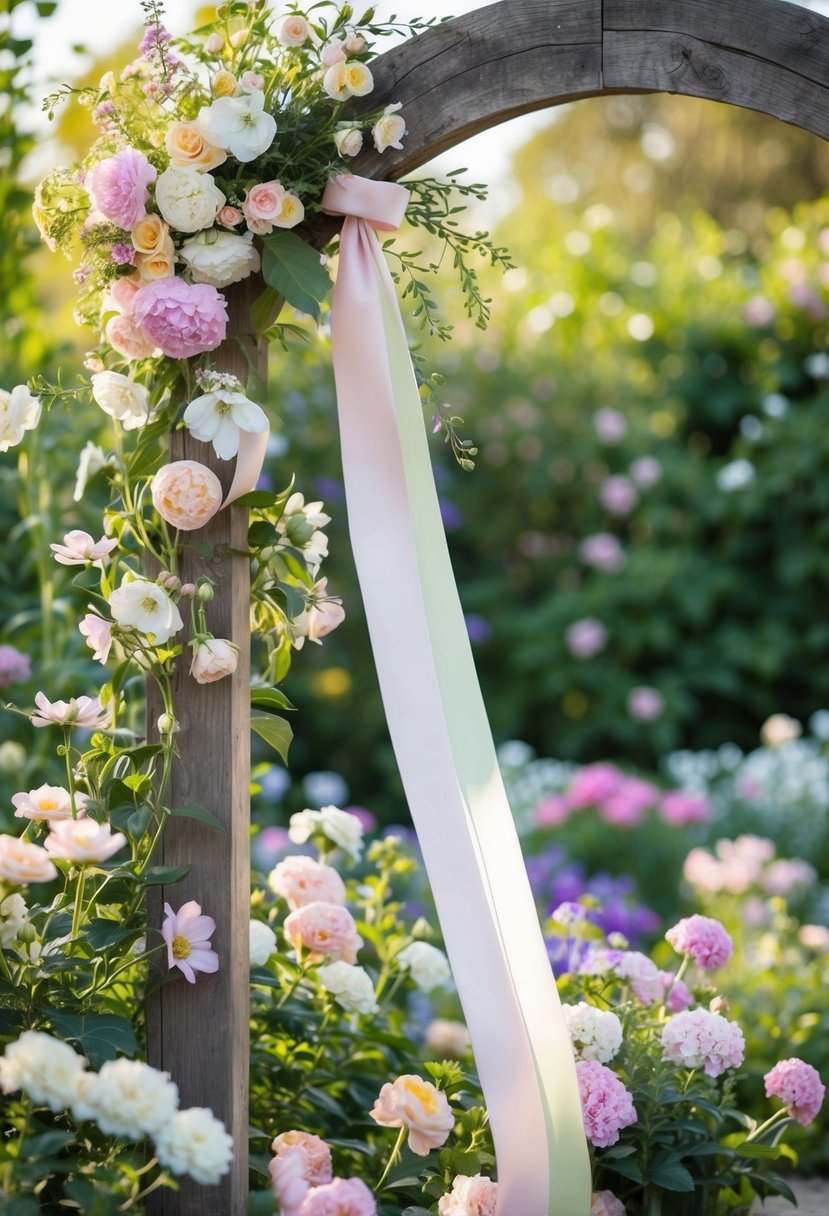 A garden filled with blooming flowers in soft pastel shades, with a flowing pastel-colored ribbon draped over a rustic wooden archway