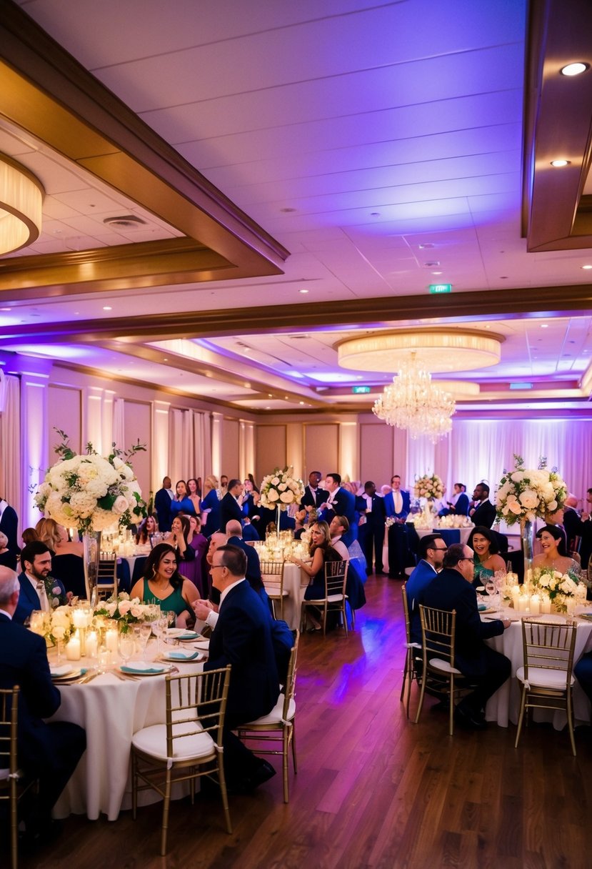 A festive wedding reception with a beautifully decorated venue, tables adorned with flowers and candles, and a lively dance floor filled with guests celebrating