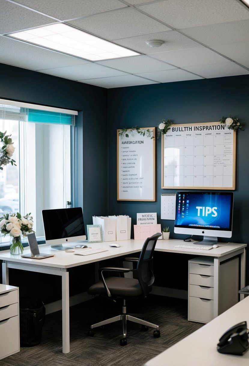 A busy wedding planner's office with a desk, computer, phone, and calendar. A whiteboard displays tips and a bulletin board features inspiration