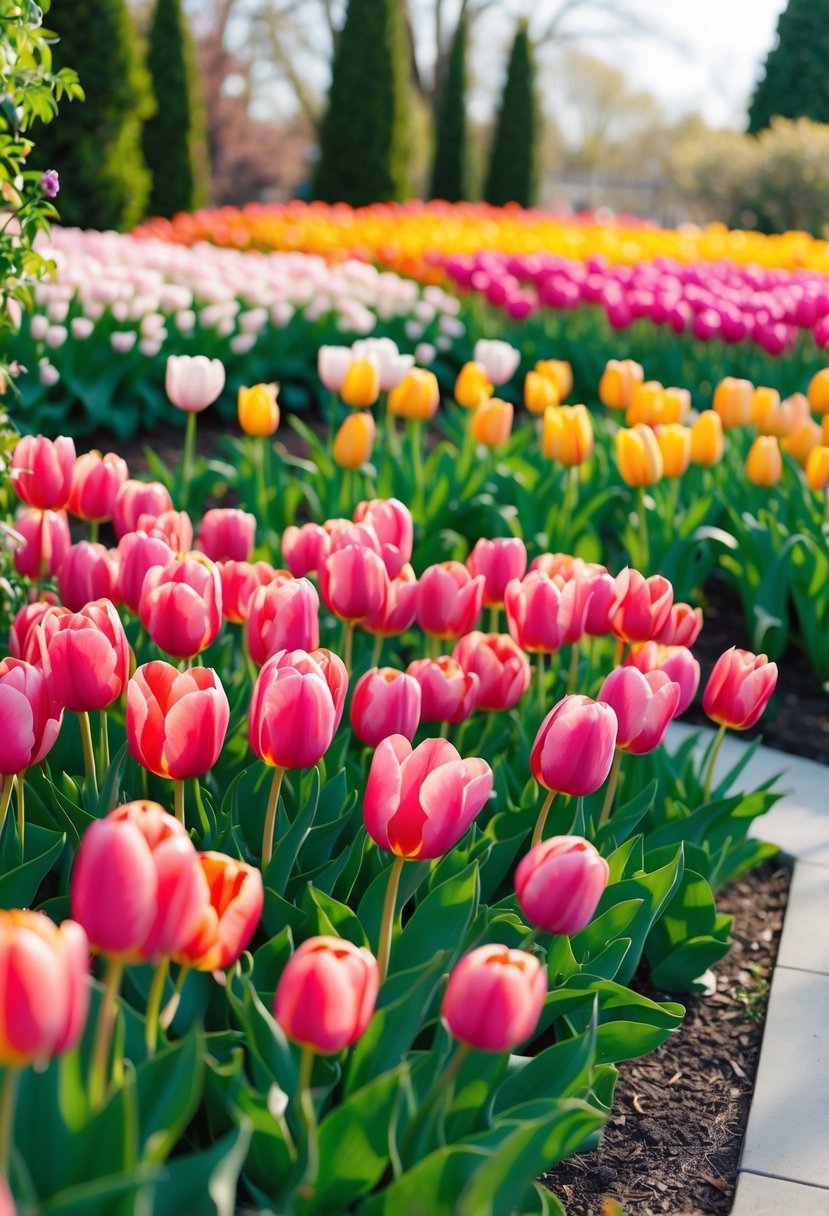 A lush garden bursting with vibrant tulips and fragrant peonies, creating a colorful backdrop for a spring wedding