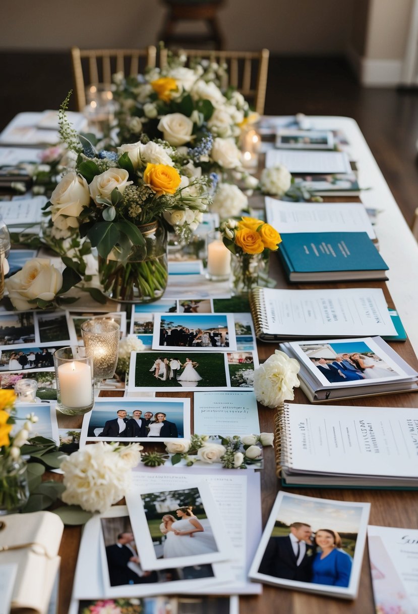 A table covered in wedding photos, event flyers, and planning books, surrounded by flowers and decorative elements