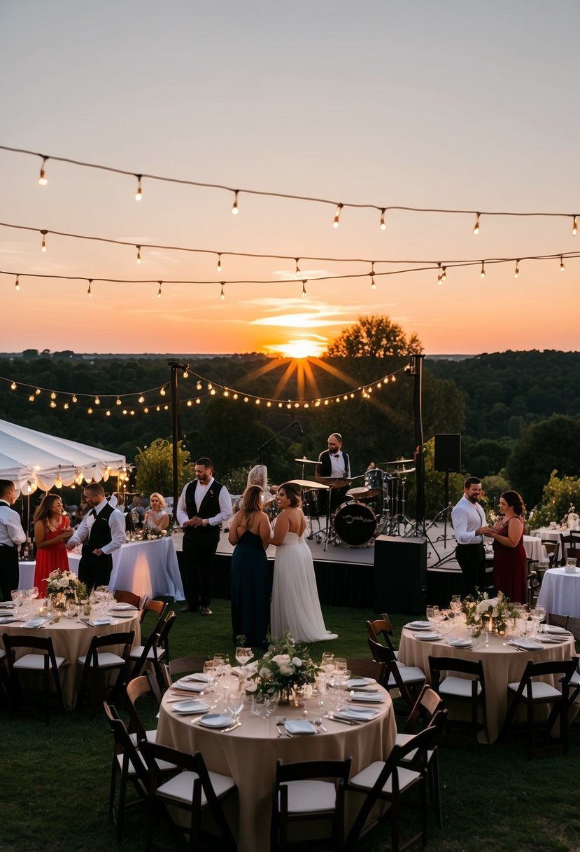 The sun sets over a picturesque outdoor venue, with twinkling lights and tables set for a wedding reception. Guests mingle and laugh, while a live band sets up on a stage