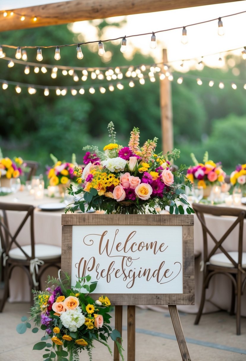 Colorful floral centerpieces adorn reception tables, while string lights twinkle overhead. A rustic wooden sign welcomes guests, adding a personalized touch to the decor