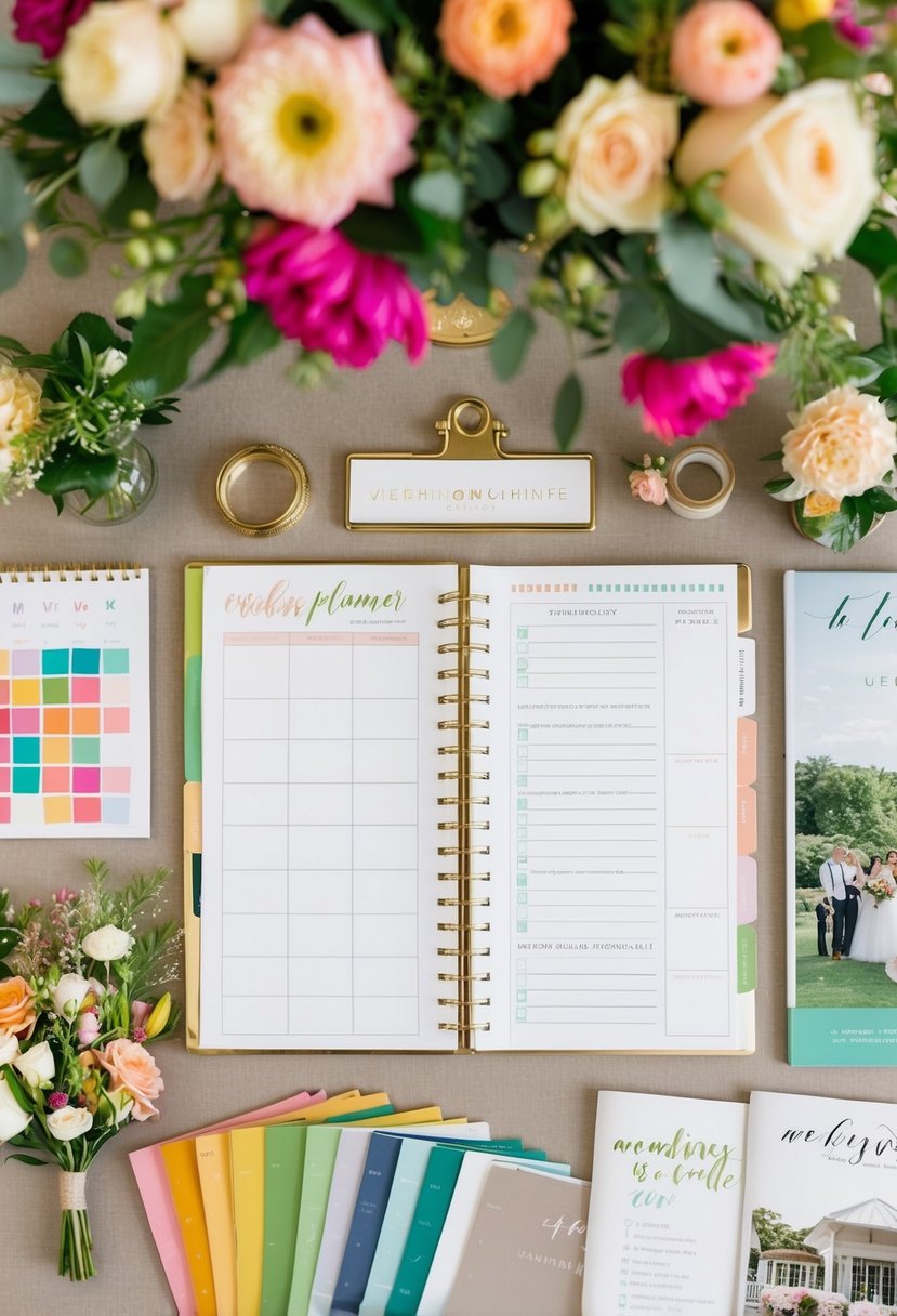 A desk with neatly arranged planner, calendar, and checklist, surrounded by colorful swatches, floral arrangements, and wedding venue brochures