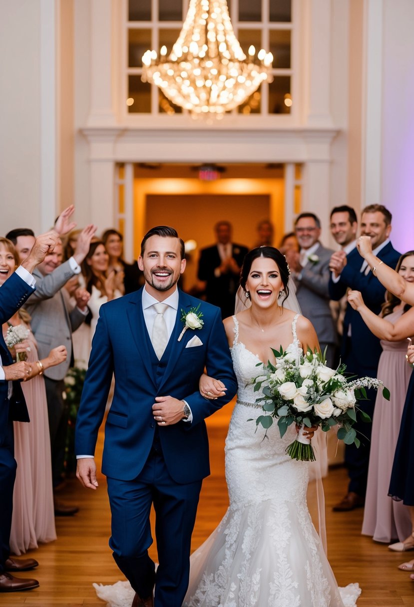 A newlywed couple enters the reception hall, surrounded by cheering guests, as their chosen entrance song fills the air with joy and excitement