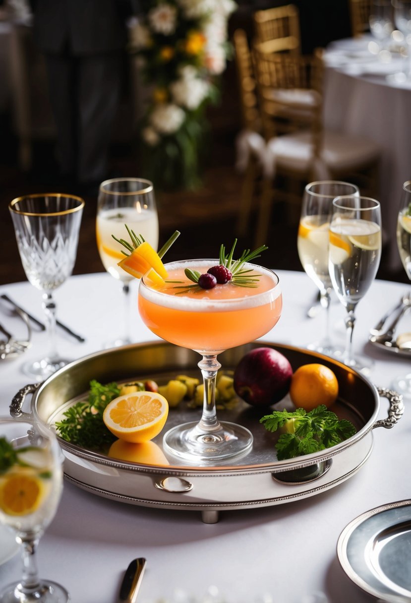 A beautifully garnished cocktail sits on a silver tray surrounded by elegant glassware and fresh ingredients at a wedding reception