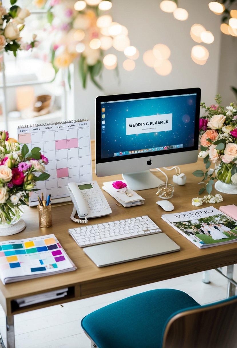 A wedding planner's desk with a calendar, phone, and computer, surrounded by colorful swatches, floral arrangements, and wedding magazines