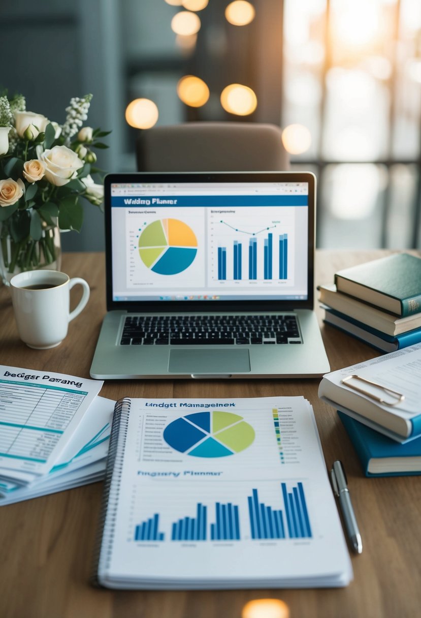 A wedding planner sits at a desk with a laptop and spreadsheets, surrounded by books on budget management and financial planning