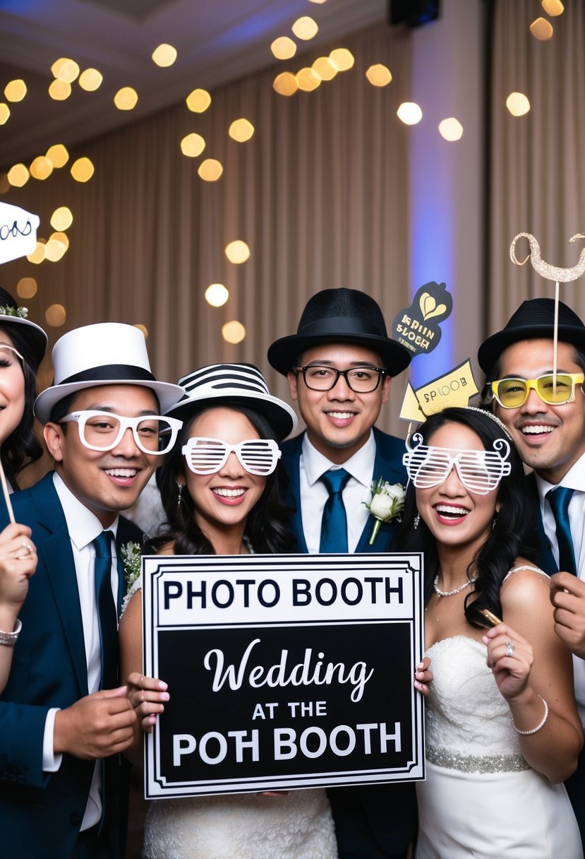 A photo booth at a wedding reception, adorned with props like hats, glasses, and signs, inviting guests to capture fun memories