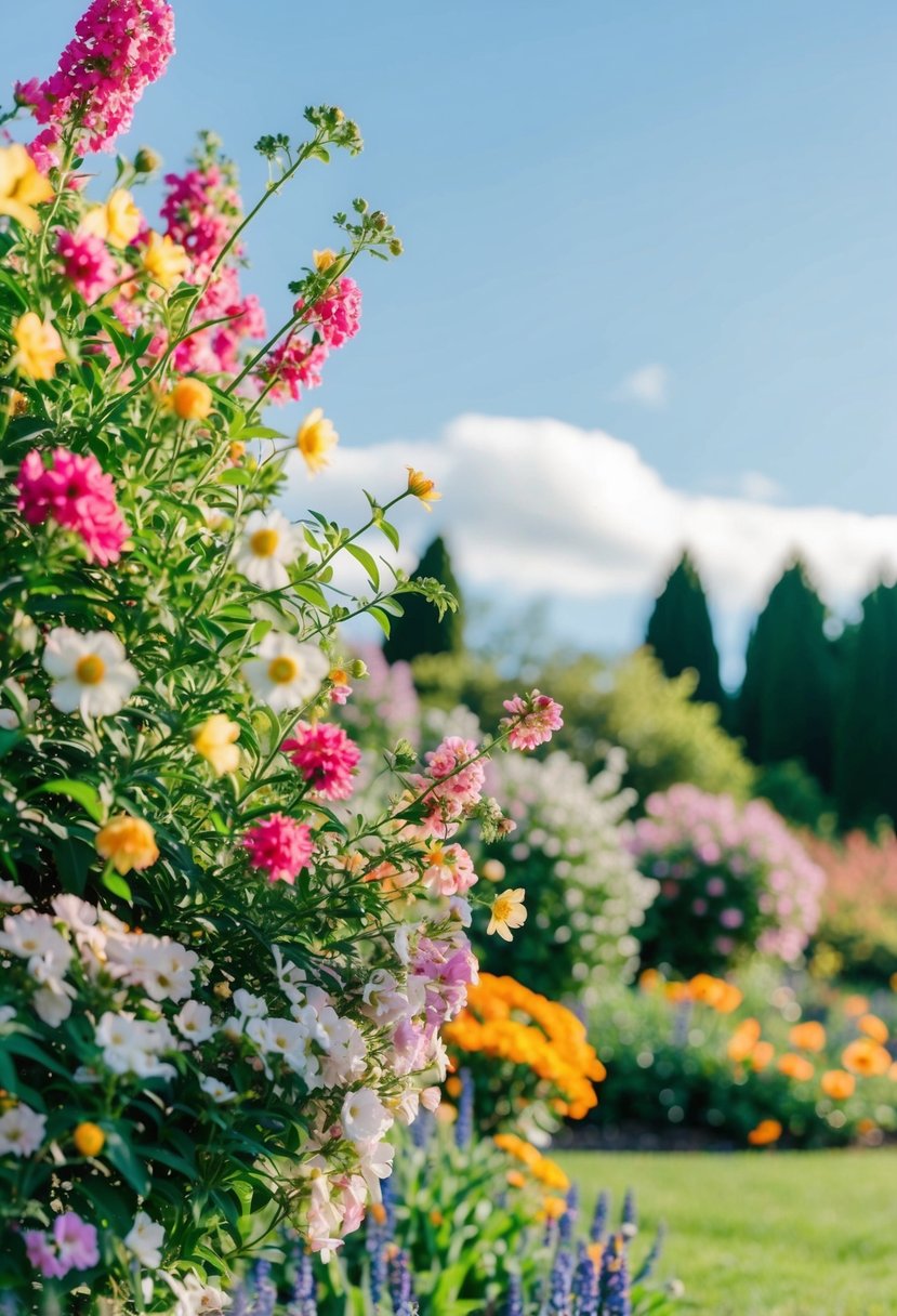 A blooming garden with colorful flowers, a clear blue sky, and a gentle breeze, perfect for a spring wedding