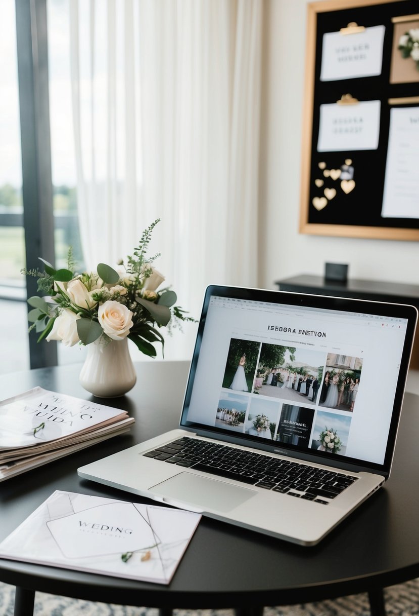 A table with wedding magazines, a laptop open to a wedding planning website, and a bulletin board with trend inspiration