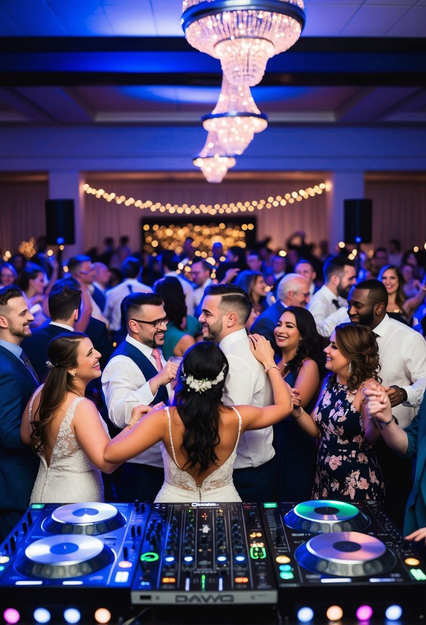 A diverse crowd dances under twinkling lights at a wedding reception, as a DJ plays a versatile playlist appealing to all ages