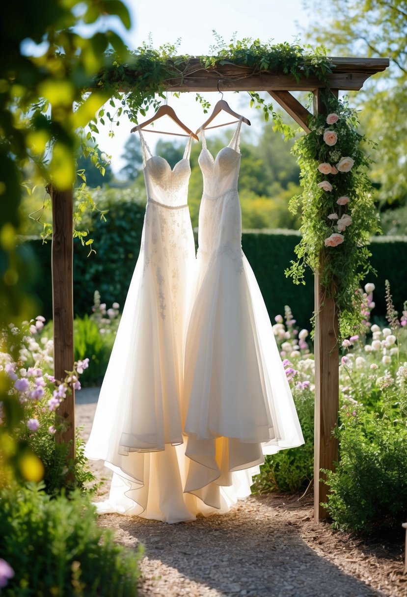 A sunlit garden with flowing, ethereal bridal gowns hanging from a rustic wooden archway, surrounded by blooming flowers and delicate greenery