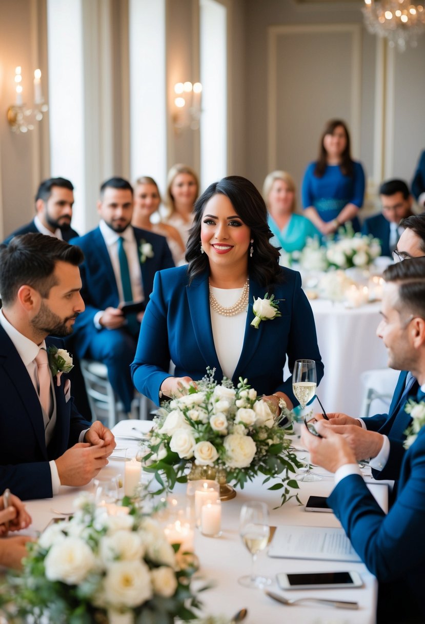 A wedding planner communicates with various vendors, coordinating details with precision