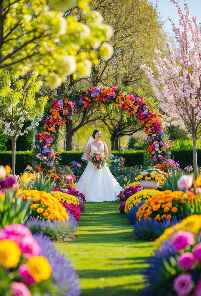 A garden filled with colorful flowers, blooming trees, and vibrant floral decorations creating a lively and cheerful atmosphere for a spring wedding