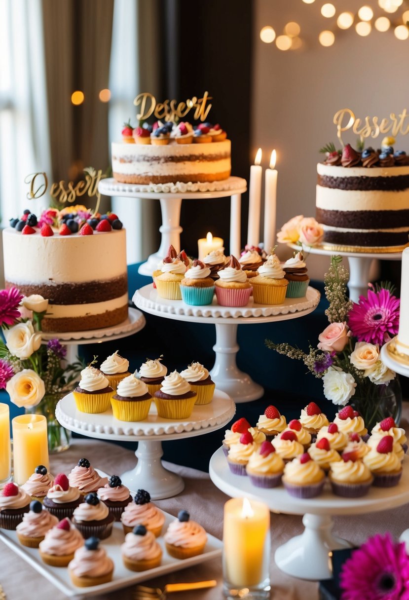 A colorful dessert bar with a variety of cakes, cupcakes, and pastries displayed on elegant platters and stands, surrounded by decorative flowers and candles