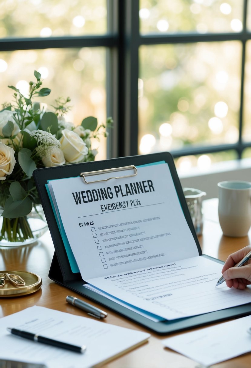 A wedding planner's desk with a detailed emergency plan, backup contacts, and a checklist of tips for handling unexpected situations