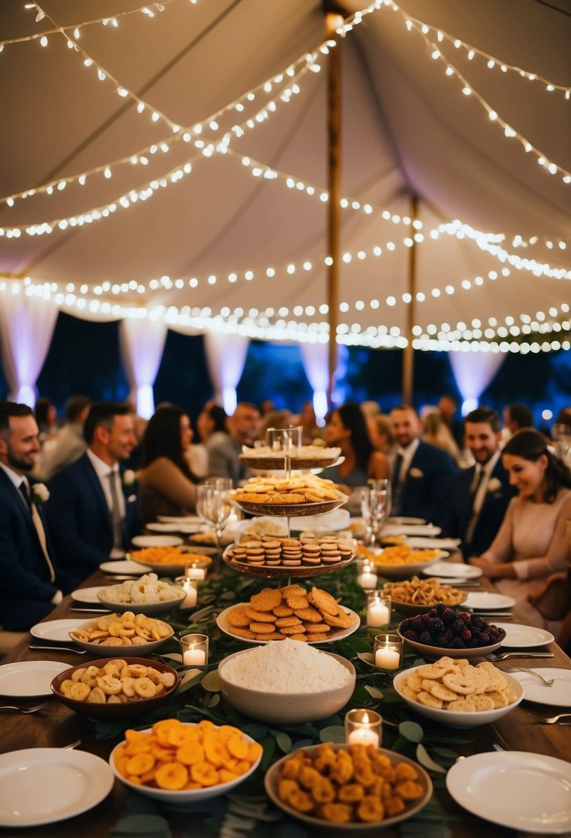 A table adorned with an array of delectable late-night snacks, surrounded by twinkling lights and cozy seating for wedding reception guests