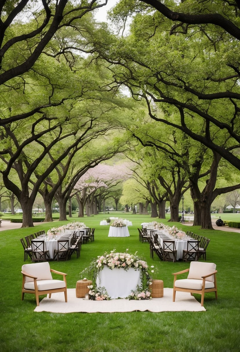 A lush green park with a floral-filled picnic set up under a canopy of trees, with elegant table settings and soft lighting for a spring wedding reception