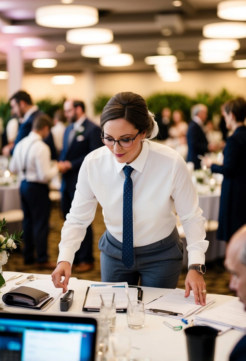 A wedding planner calmly coordinating multiple tasks in a bustling event space