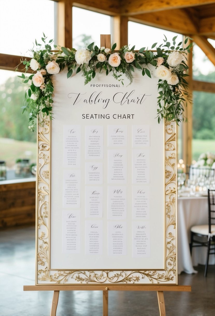 A beautifully decorated seating chart display at a wedding reception, with elegant table assignments and decorative elements