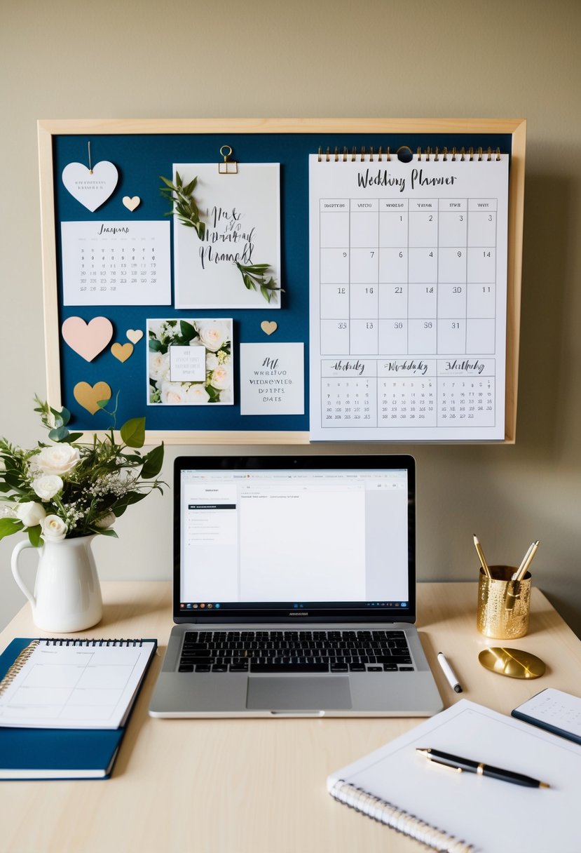 A wedding planner's desk with a laptop, notebook, and pen. A mood board with wedding inspiration, and a calendar with dates circled