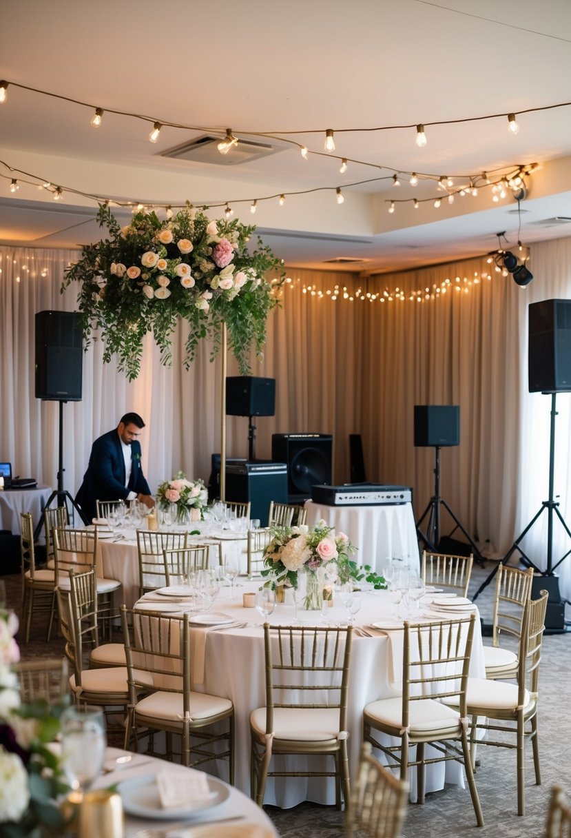 Vendors setting up reception area with tables, chairs, and decorations. Flowers being arranged, lights being hung, and music equipment being tested