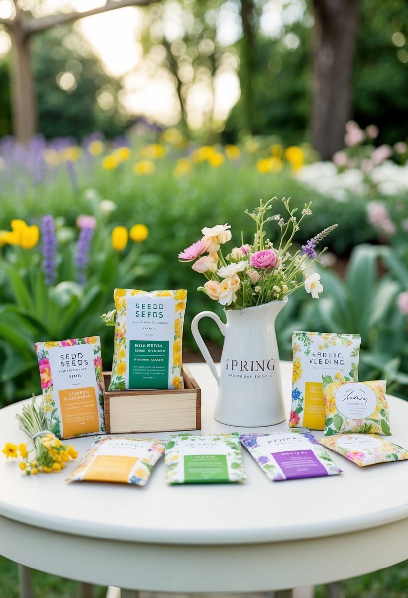 A table with colorful seed packets, delicate flowers, and spring wedding tips displayed in a garden setting