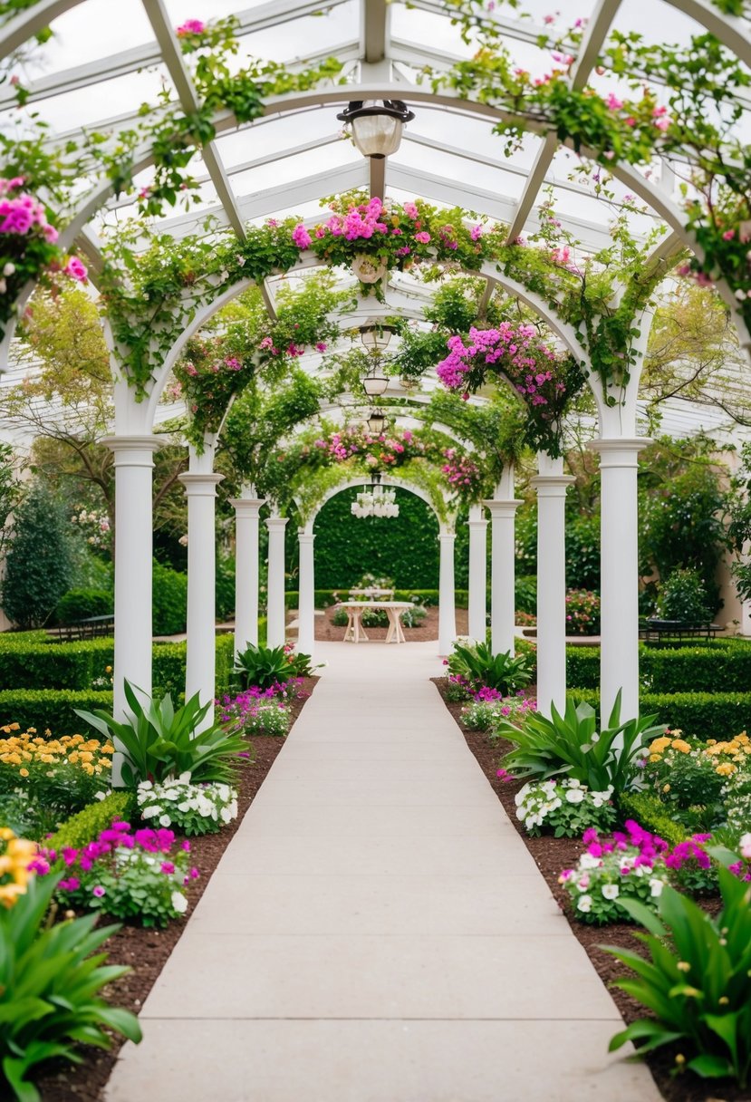 A lush garden venue with vibrant flowers in full bloom, surrounded by winding pathways and elegant archways, perfect for a spring wedding setting