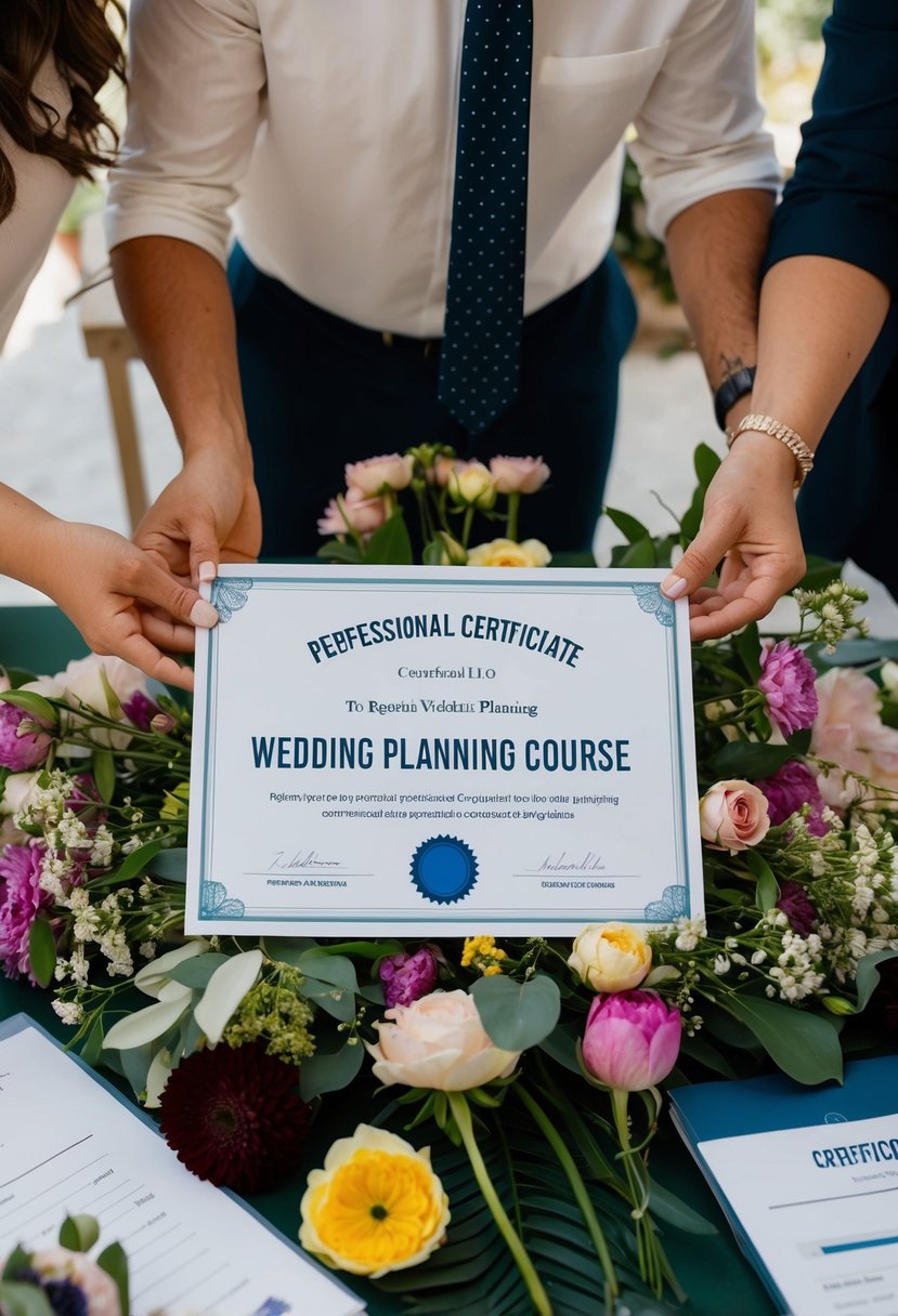 A person receiving a certificate from a reputable wedding planning course, surrounded by flowers, wedding decor, and planning materials