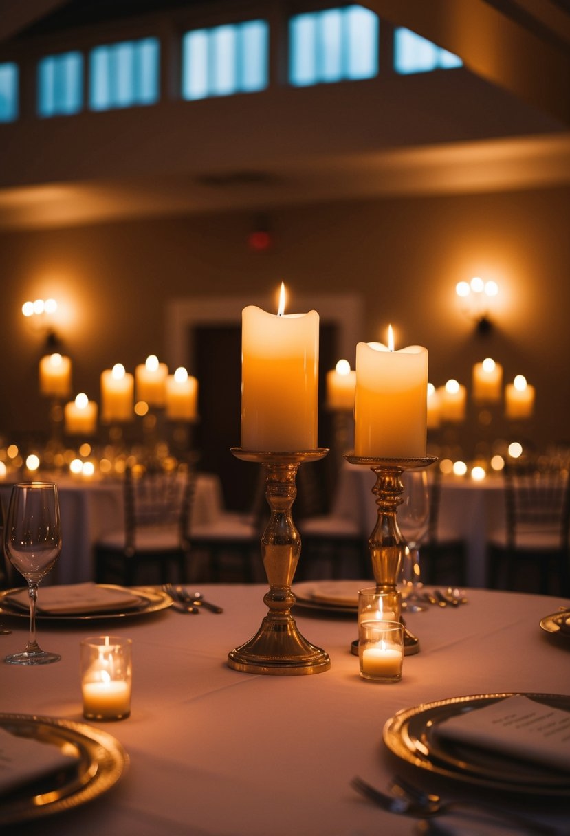 Warm candlelight illuminates a dimly lit reception hall, casting a romantic and intimate ambiance over the elegant decor