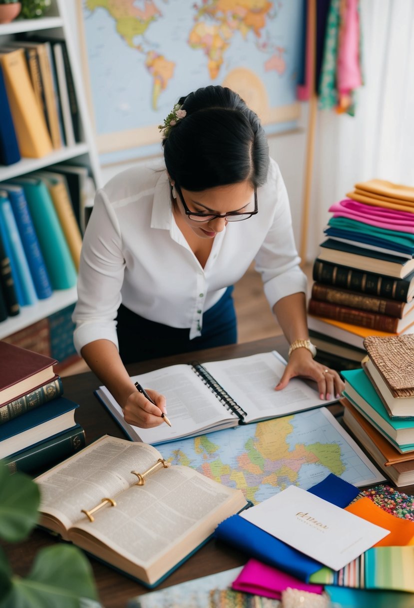 A wedding planner researching cultural customs and traditions, surrounded by books, maps, and colorful fabric swatches