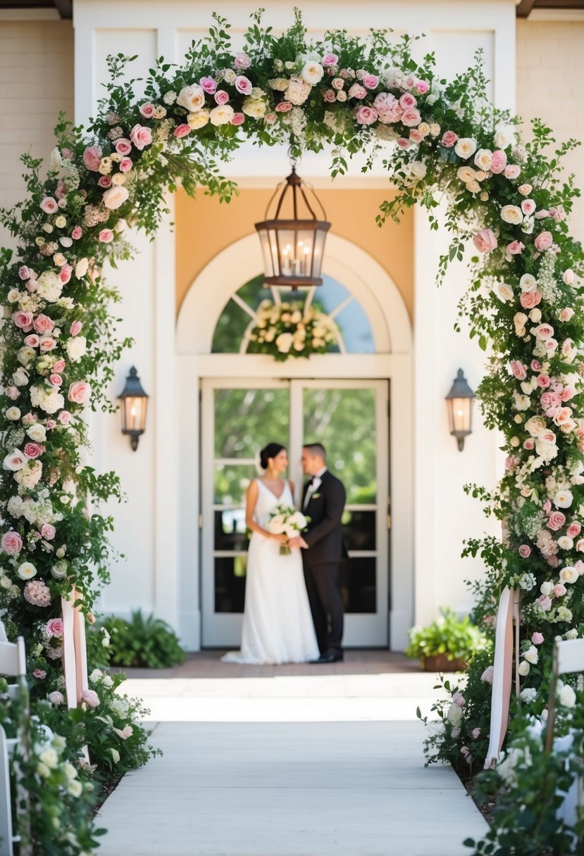 A blooming floral arch frames the entrance to a spring wedding ceremony