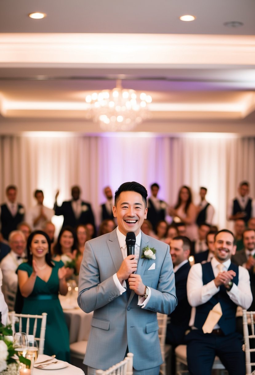 An emcee stands at the center of a lively wedding reception, holding a microphone and engaging the guests with humor and charm. The room is filled with laughter and applause as the emcee guides the evening's festivities