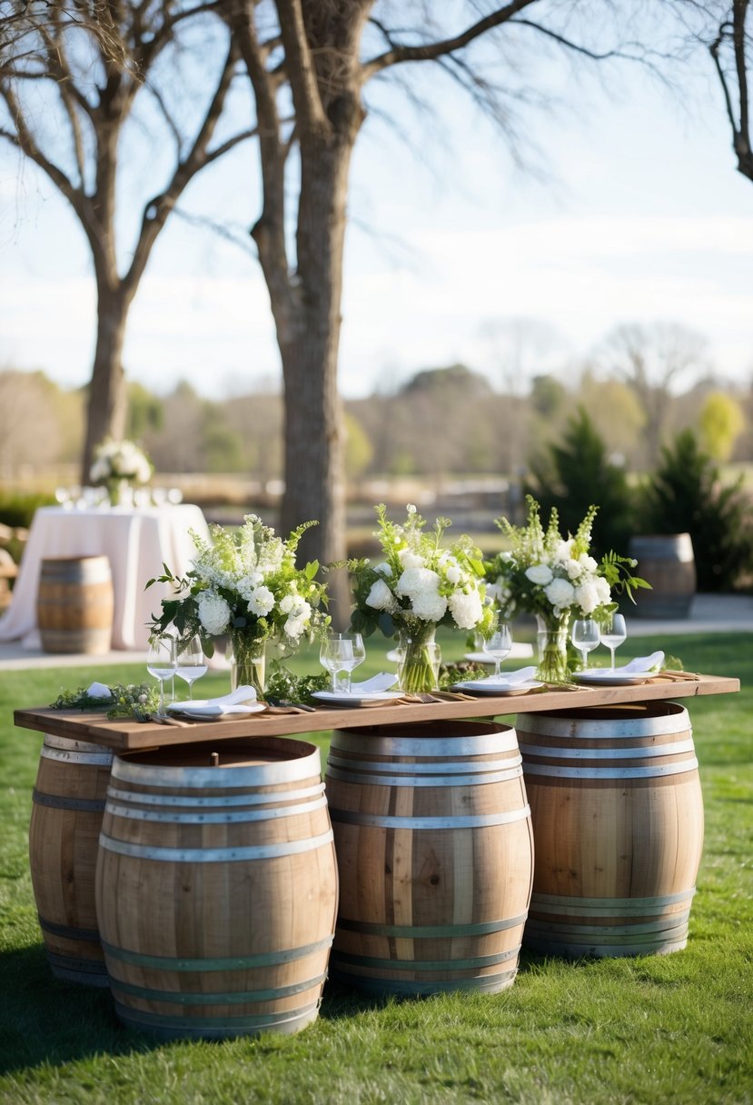 Antique wine barrels arranged as a rustic grazing table, adorned with fresh spring flowers and greenery, set against a backdrop of a charming outdoor wedding venue