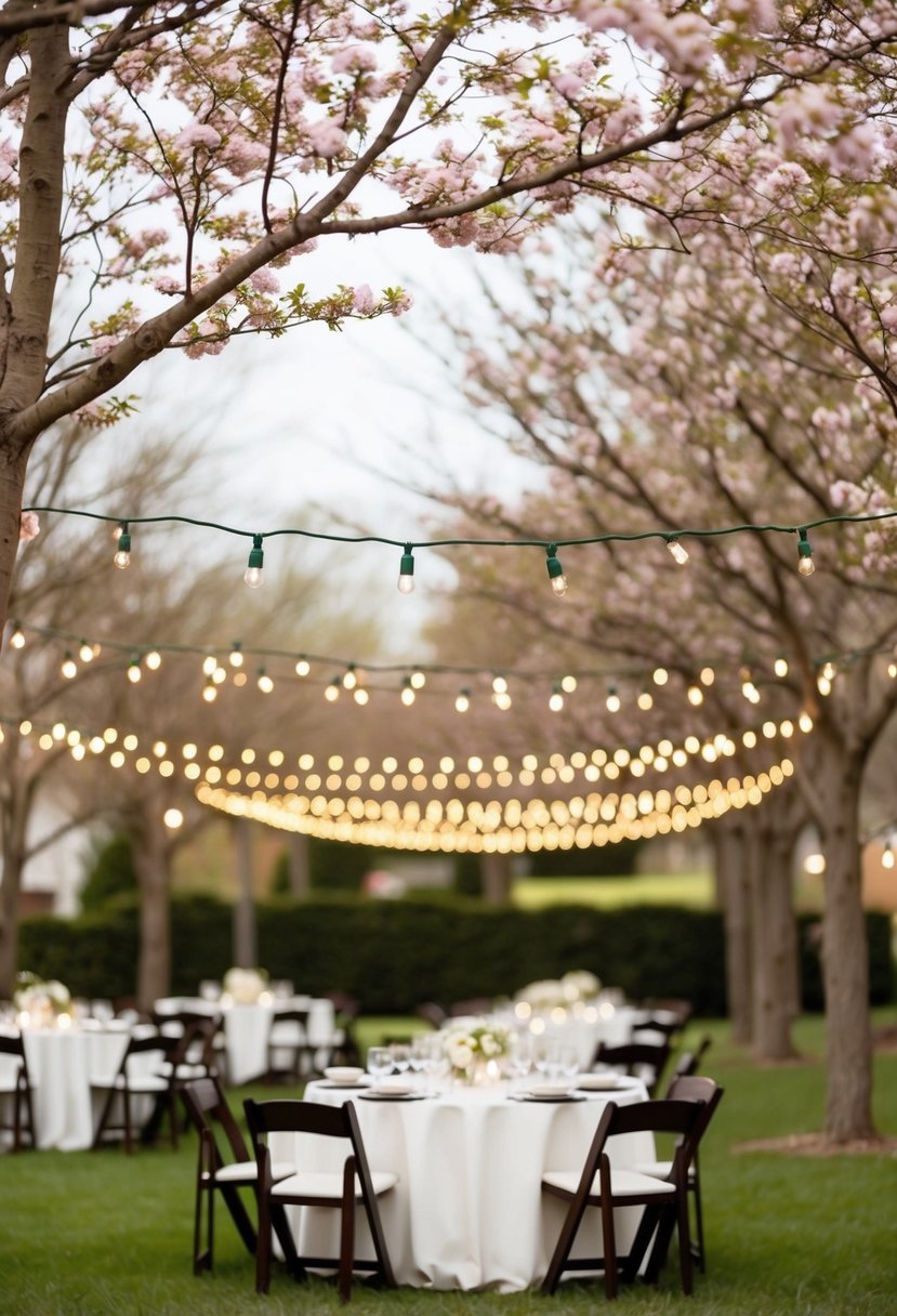 Soft, warm string lights drape over blooming trees and twinkle above outdoor tables at a spring wedding