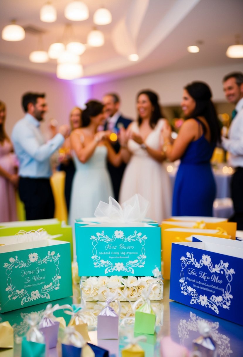 Colorful, personalized wedding favors displayed on a table at the reception. Guests laugh and mingle in the background, enjoying the celebration