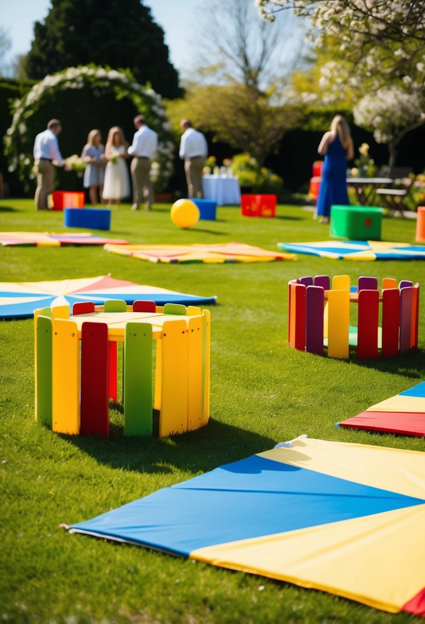 A sunny garden with colorful lawn games set up for guests to enjoy at a spring wedding