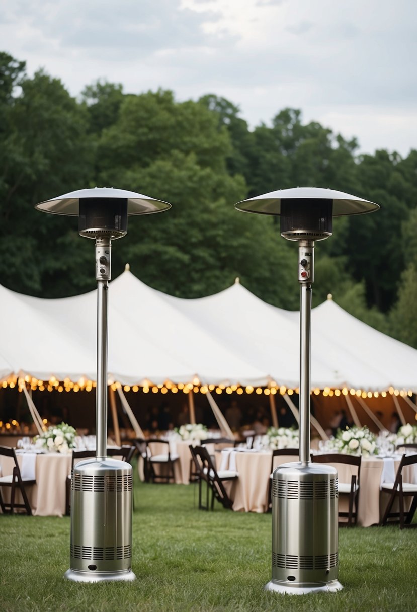 A wedding reception set up with a large tent and outdoor heaters in case of bad weather