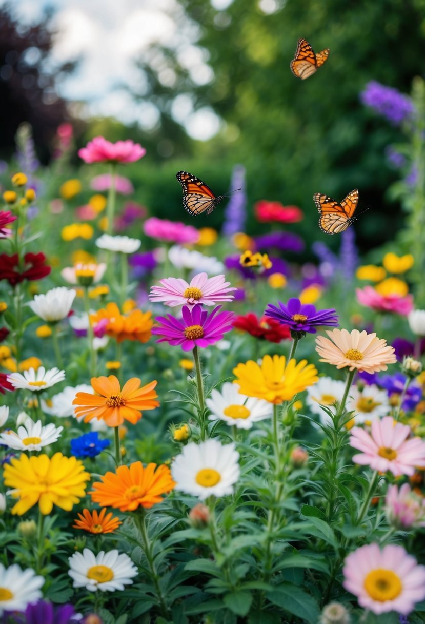 A garden filled with blooming flowers of various colors and sizes, with butterflies fluttering among them